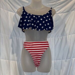 Old Navy Stars & Stripes Bikini Set Flounce Top + Cheeky High-Leg Bottoms XL NWT